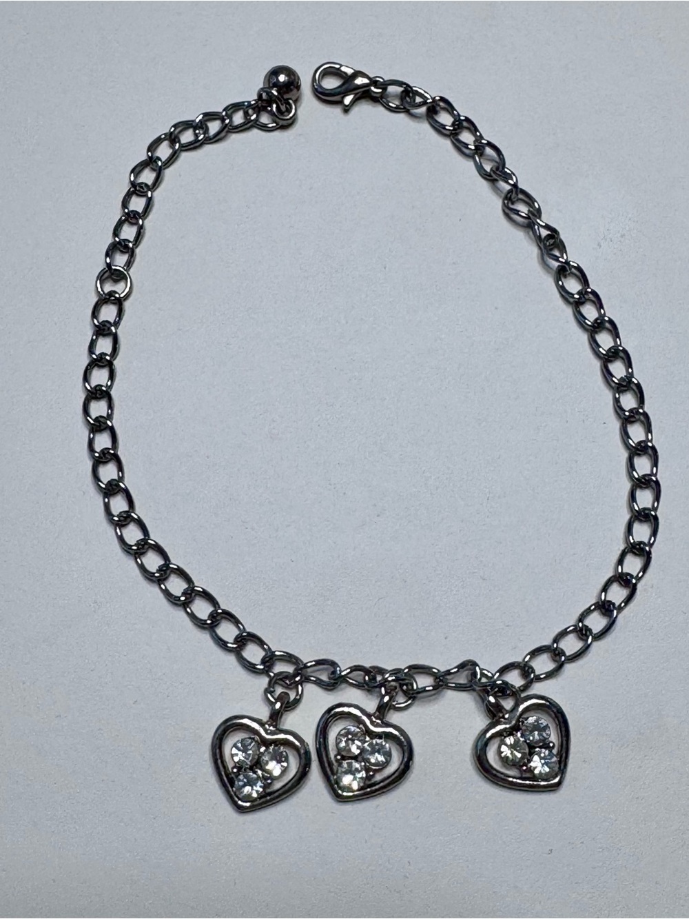 3 Heart Charm Silver Tone Bracelet with Crystal Accents